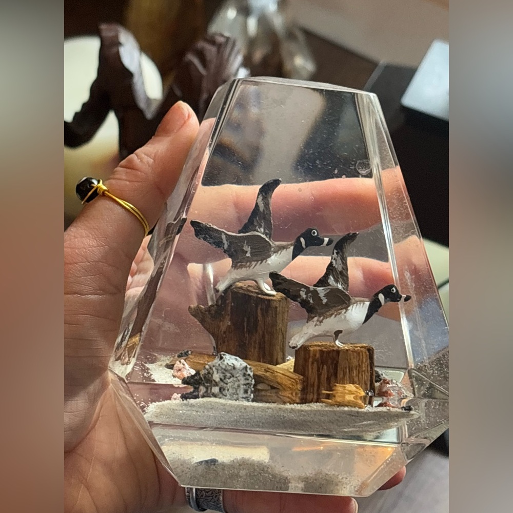 Vintage Solid Lucite Obelisks Diorama Canada Goose Paperweight Sculpture 1970's